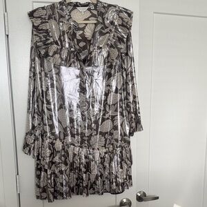 Ted Baker Brown and Cream Floral Ruffle Long-Sleeve Dress